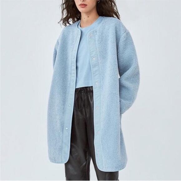 Aritzia Wilfred Free Blue Faux Sherpa Long Sleeve Snap Longline Jacket Size XS - Picture 1 of 6